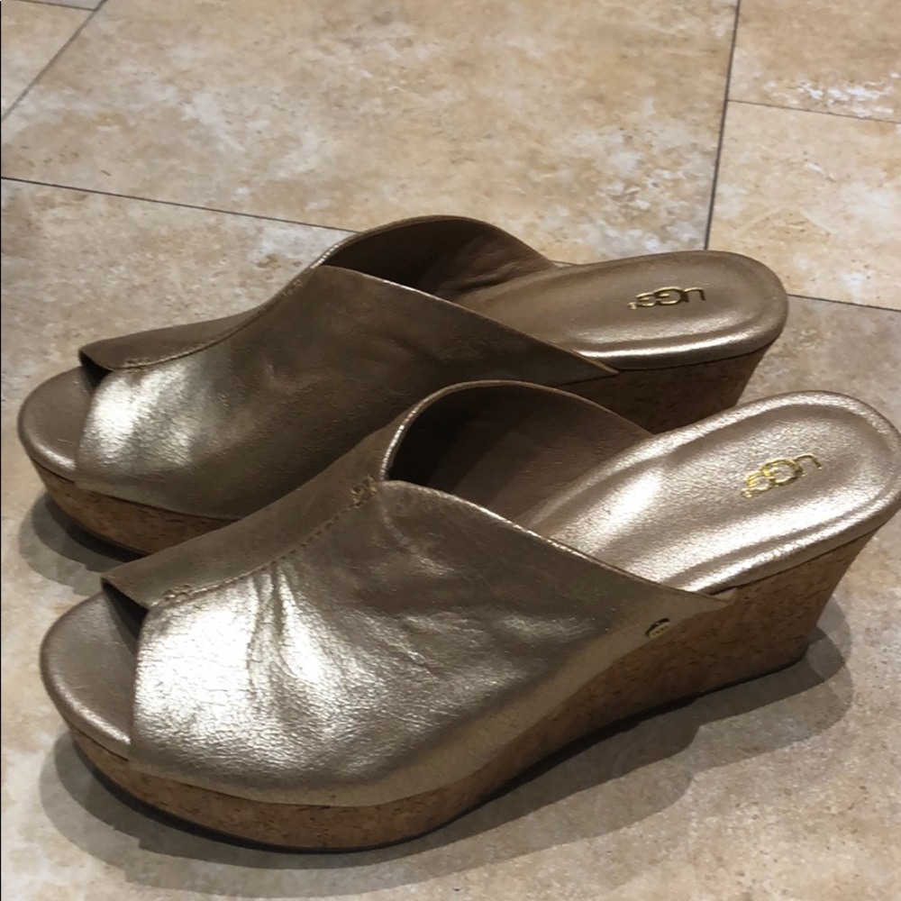 UGG shoes cork wedges slides size 8 1/2 gold